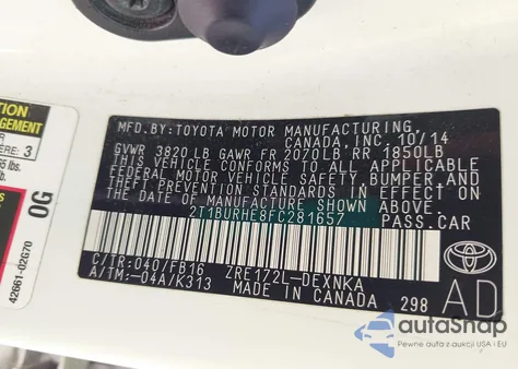 2015 Toyota Corolla Le z USA, uszkodzony, nr VIN 2T1BURHE8FC281657